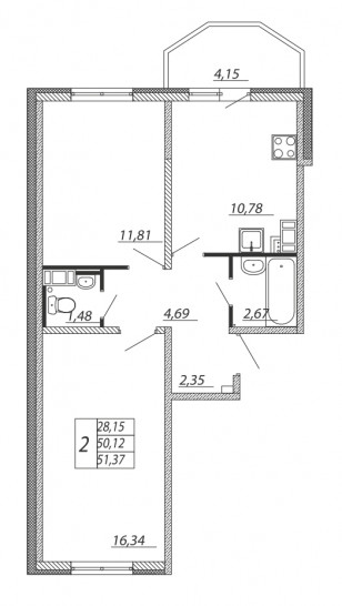 Двухкомнатная квартира 52.32 м²