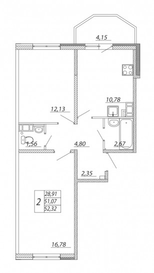 Двухкомнатная квартира 51.37 м²