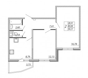 Двухкомнатная квартира 50.21 м²