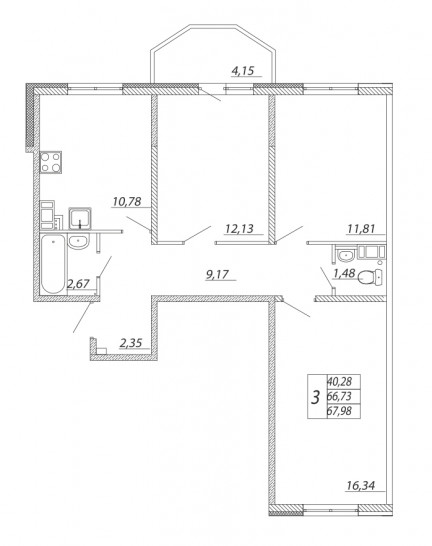 Трёхкомнатная квартира 68.93 м²